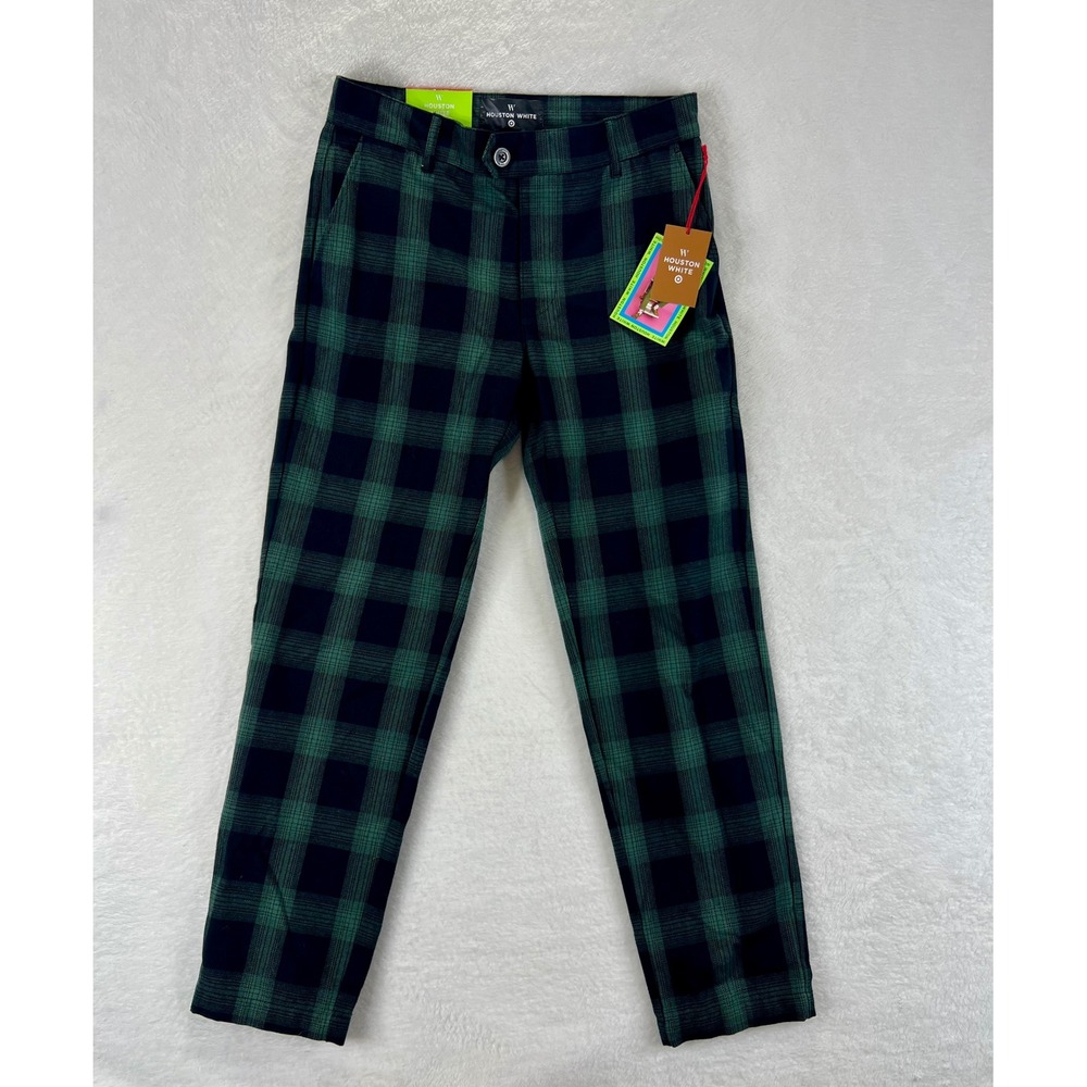 HOUSTON WHITE Men‎ Plaid Trousers Green Black Straight Leg Tailored  Pants 30x32